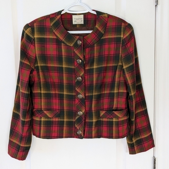 Vintage proportion petite tartan red wool blend crop blazer jacket Medium B3 - Picture 8 of 8